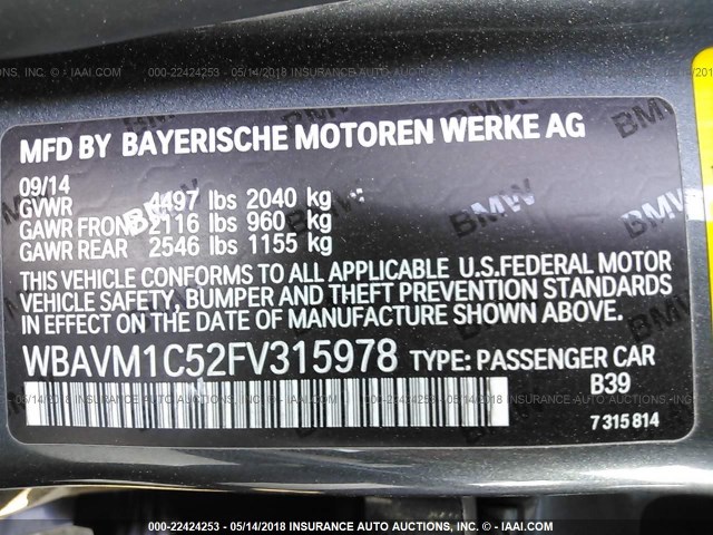 WBAVM1C52FV315978 - 2015 BMW X1 SDRIVE28I GRAY photo 9