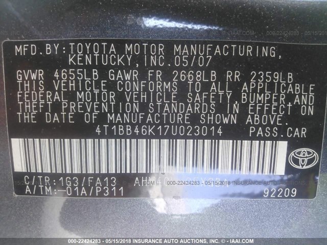 4T1BB46K17U023014 - 2007 TOYOTA CAMRY NEW GENERAT HYBRID GRAY photo 9