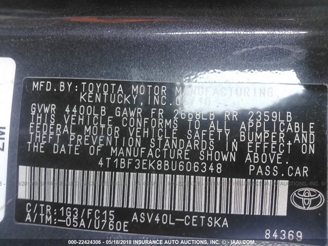 4T1BF3EK8BU606348 - 2011 TOYOTA CAMRY SE/LE/XLE ნაცრისფერი ფოტო 9