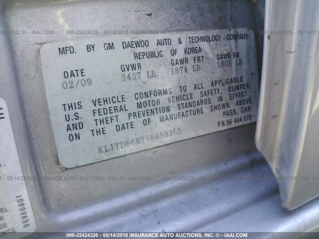 KL1TD66E19B659365 - 2009 CHEVROLET AVEO LS/LT 银色 照片 9