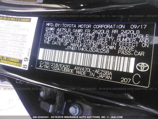 JTNB11HKXJ3040258 - 2018 TOYOTA CAMRY L/LE/XLE/SE/XSE BLACK photo 9