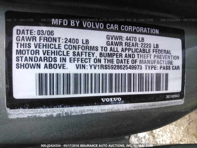 YV1RS592862549973 - 2006 VOLVO S60 2.5T GOLD photo 9