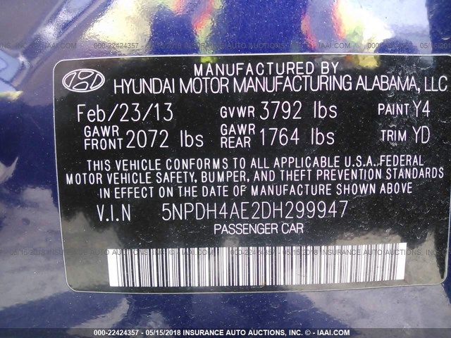 5NPDH4AE2DH299947 - 2013 HYUNDAI ELANTRA GLS/LIMITED BLUE photo 9