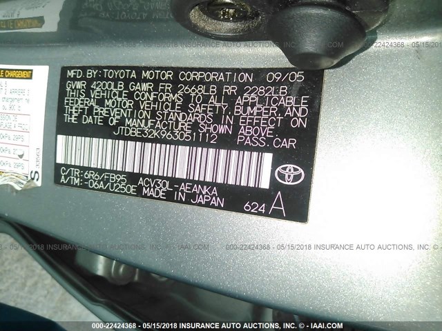 JTDBE32K963051112 - 2006 TOYOTA CAMRY LE/XLE Մոխրագույն լուսանկար 9
