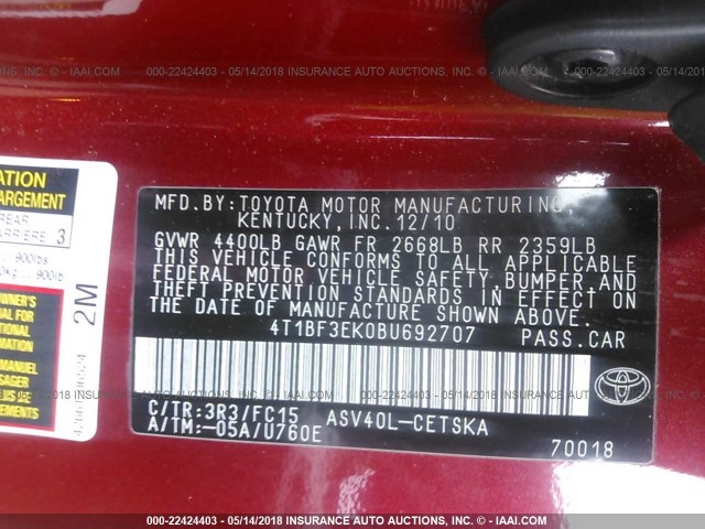 4T1BF3EK0BU692707 - 2011 TOYOTA CAMRY SE/LE/XLE RED photo 9