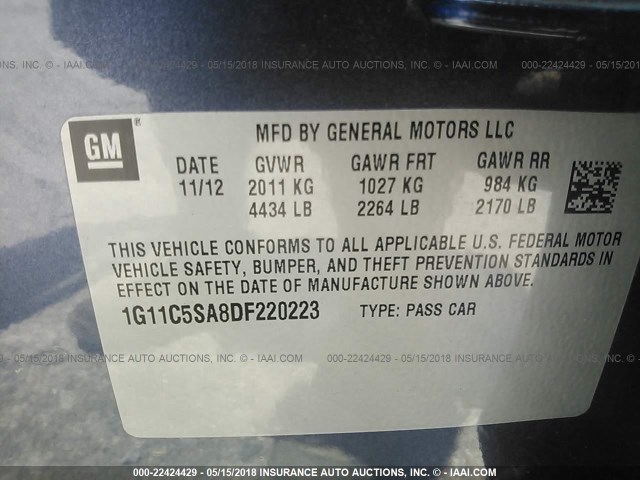 1G11C5SA8DF220223 - 2013 CHEVROLET MALIBU 1LT 灰色 照片 9