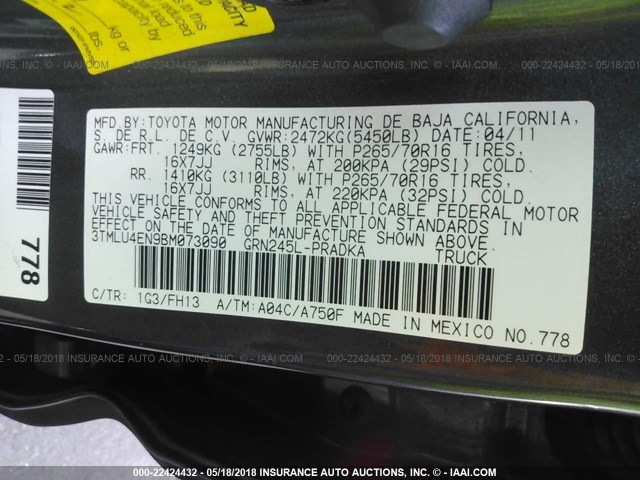 3TMLU4EN9BM073090 - 2011 TOYOTA TACOMA DOUBLE CAB ნაცრისფერი ფოტო 9