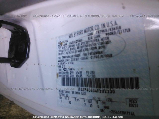 1FAFP40634F202230 - 2004 FORD MUSTANG WHITE photo 9