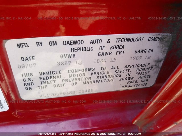 KL1TD66648B108466 - 2008 CHEVROLET AVEO LS RED photo 9
