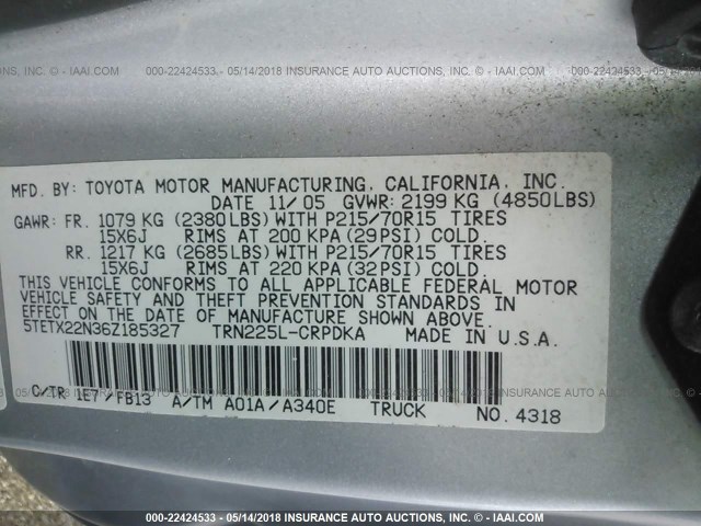 5TETX22N36Z185327 - 2006 TOYOTA TACOMA ACCESS CAB SILVER photo 9