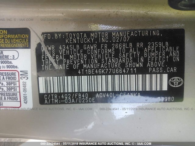 4T1BE46K77U664711 - 2007 TOYOTA CAMRY NEW GENERAT CE/LE/XLE/SE GOLD photo 9