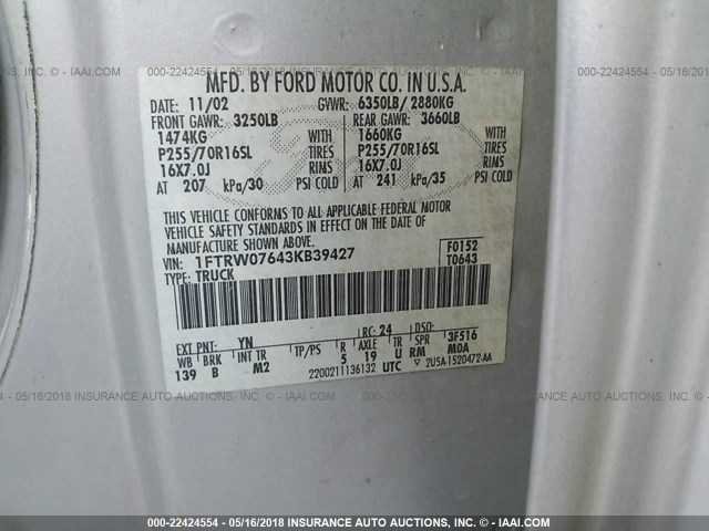 1FTRW07643KB39427 - 2003 FORD F150 SUPERCREW SILVER photo 9