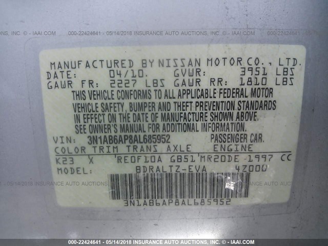 3N1AB6AP8AL685952 - 2010 NISSAN SENTRA 2.0/2.0S/SR/2.0SL SILVER photo 9