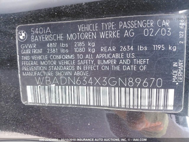 WBADN634X3GN89670 - 2003 BMW 540 I AUTOMATIC 黑色 照片 9