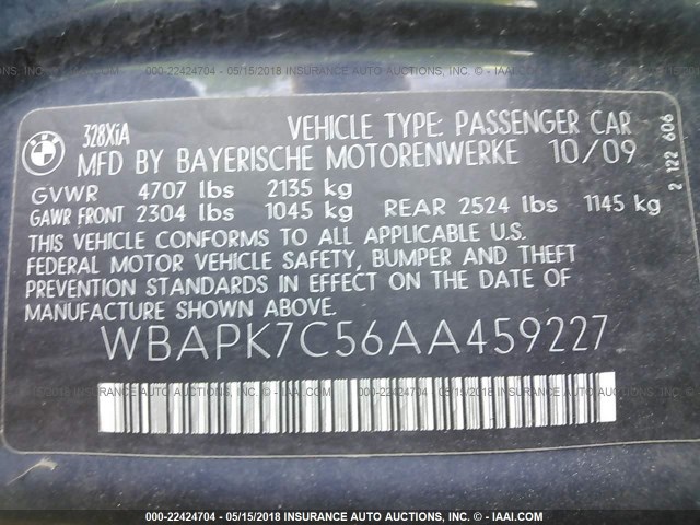 WBAPK7C56AA459227 - 2010 BMW 328 XI BLUE photo 9