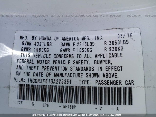 1HGCR2F61GA225351 - 2016 HONDA ACCORD SPORT 白色 照片 9