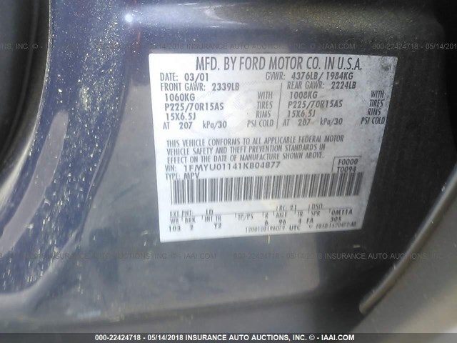 1FMYU01141KB04877 - 2001 FORD ESCAPE XLS BLUE photo 9