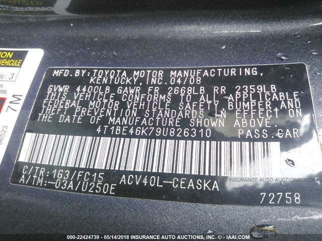 4T1BE46K79U826310 - 2009 TOYOTA CAMRY SE/LE/XLE GRAY photo 9