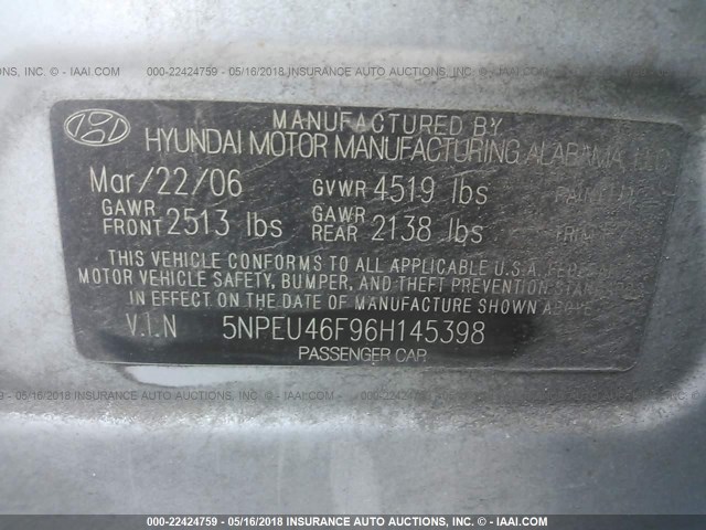 5NPEU46F96H145398 - 2006 HYUNDAI SONATA GLS/LX SILVER photo 9