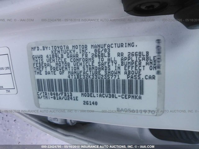 4T1BE32K33U235771 - 2003 TOYOTA CAMRY LE/XLE/SE თეთრი ფოტო 9