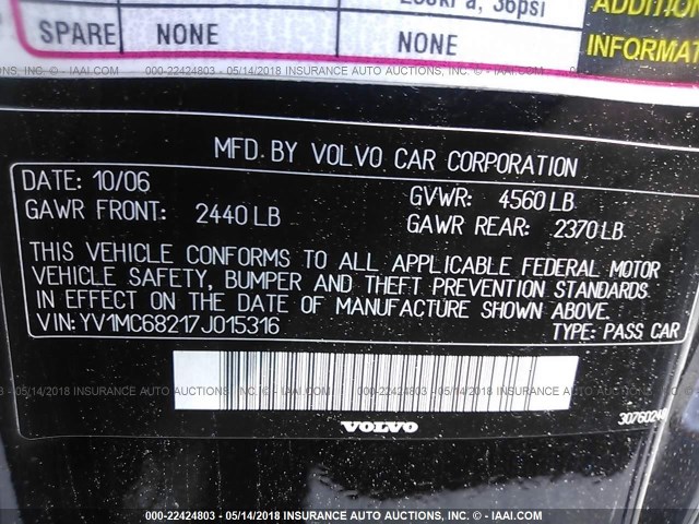 YV1MC68217J015316 - 2007 VOLVO C70 T5 BLACK photo 9