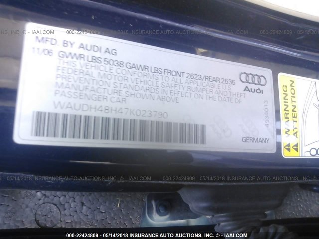 WAUDH48H47K023790 - 2007 AUDI A4 3.2 CABRIOLET QUATTRO BLUE photo 9