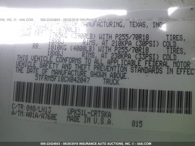 5TFRM5F18CX042047 - 2012 TOYOTA TUNDRA DOUBLE CAB SR5 WHITE photo 9