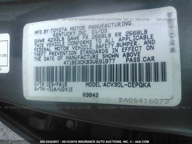 4T1BE30K83U691977 - 2003 TOYOTA CAMRY LE/XLE/SE ნაცრისფერი ფოტო 9