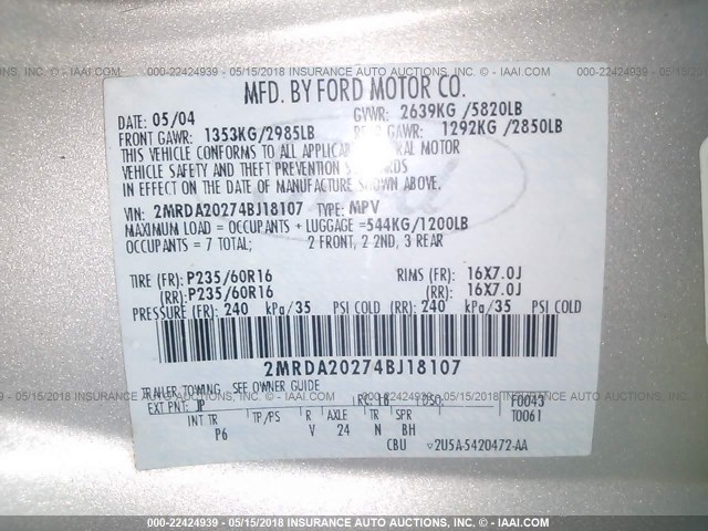 2MRDA20274BJ18107 - 2004 MERCURY MONTEREY SILVER photo 9