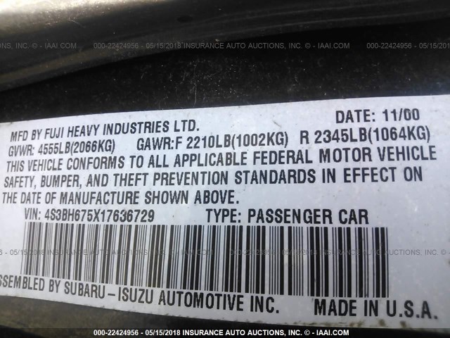 4S3BH675X17636729 - 2001 SUBARU LEGACY OUTBACK AWP 蓝色 照片 9