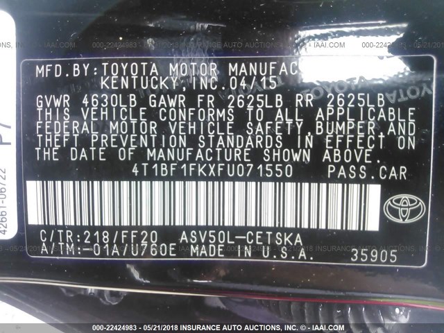 4T1BF1FKXFU071550 - 2015 TOYOTA CAMRY LE/XLE/SE/XSE BLACK photo 9