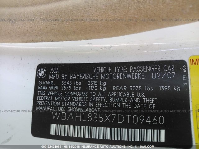 WBAHL835X7DT09460 - 2007 BMW 750 I WHITE photo 9