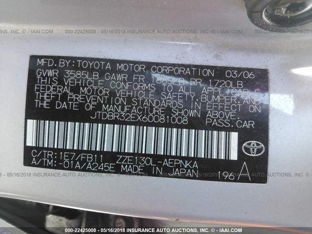 JTDBR32EX60081008 - 2006 TOYOTA COROLLA CE/LE SILVER photo 9