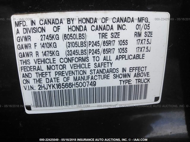 2HJYK16566H500749 - 2006 HONDA RIDGELINE RTL BLACK photo 9