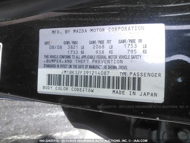 JM1BK32F391214087 - 2009 MAZDA 3 I BLACK photo 9