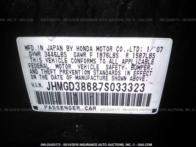 JHMGD38687S033323 - 2007 HONDA FIT S BLACK photo 9