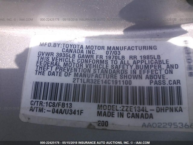 2T1LR32E14C191100 - 2004 TOYOTA COROLLA MATRIX XR SILVER photo 9