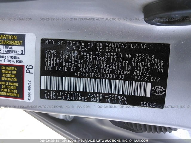 4T1BF1FK5EU380499 - 2014 TOYOTA CAMRY L/SE/LE/XLE 银色 照片 9