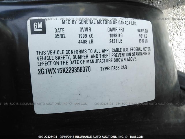 2G1WX15K229358370 - 2002 CHEVROLET MONTE CARLO SS BLACK photo 9