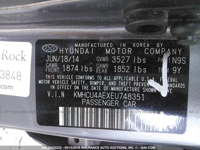 KMHCU4AEXEU748351 - 2014 HYUNDAI ACCENT GLS/SE GRAY photo 9