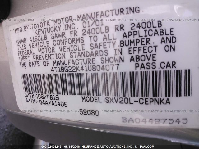 4T1BG22K41U804077 - 2001 TOYOTA CAMRY CE/LE/XLE 灰色 照片 9