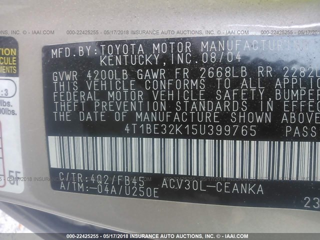 4T1BE32K15U399765 - 2005 TOYOTA CAMRY LE/XLE/SE ოქროსფერი ფოტო 9