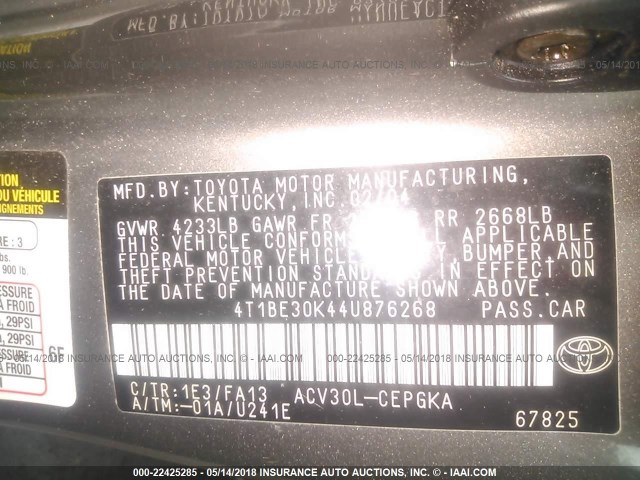 4T1BE30K44U876268 - 2004 TOYOTA CAMRY LE/XLE/SE GRAY photo 9