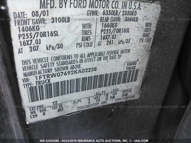 1FTRW07692KA02238 - 2002 FORD F150 SUPERCREW BLACK photo 9