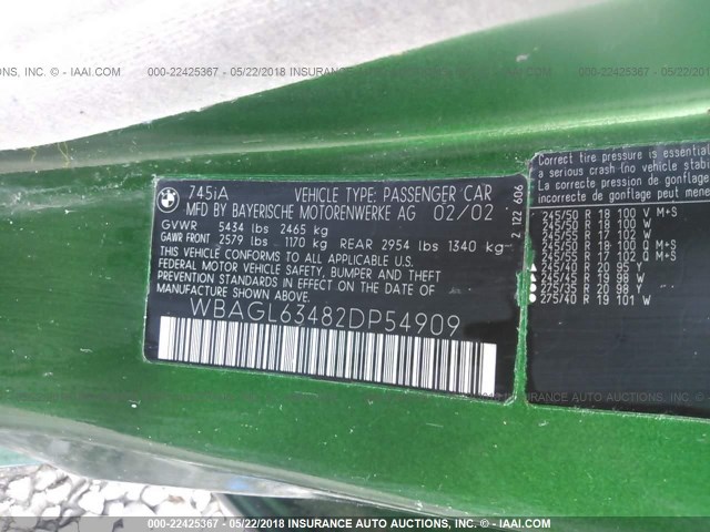 WBAGL63482DP54909 - 2002 BMW 745 I GREEN photo 9