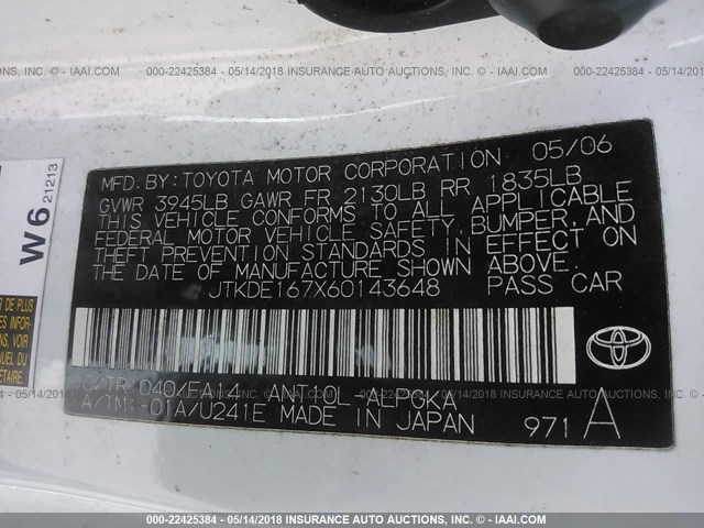 JTKDE167X60143648 - 2006 TOYOTA SCION TC 白色 照片 9