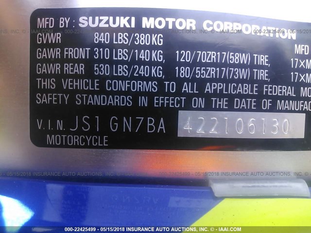 JS1GN7BA422106130 - 2002 SUZUKI GSX-R600 BLUE photo 10