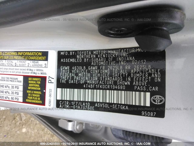 4T4BF1FK0CR194680 - 2012 TOYOTA CAMRY SE/LE/XLE SILVER photo 9