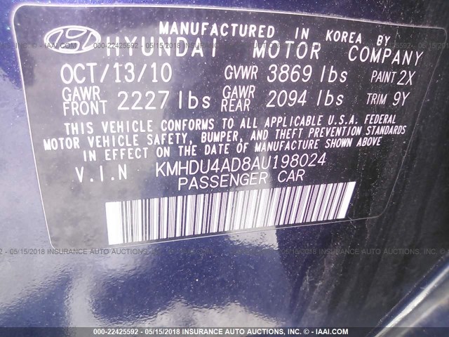 KMHDU4AD8AU198024 - 2010 HYUNDAI ELANTRA BLUE/GLS/SE BLUE photo 9