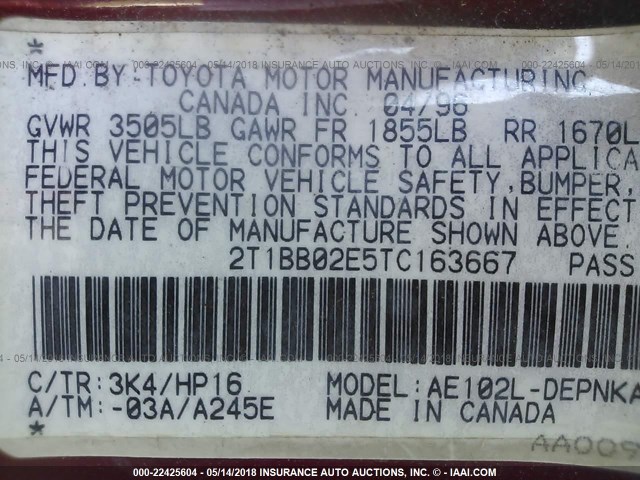 2T1BB02E5TC163667 - 1996 TOYOTA COROLLA DX RED photo 9